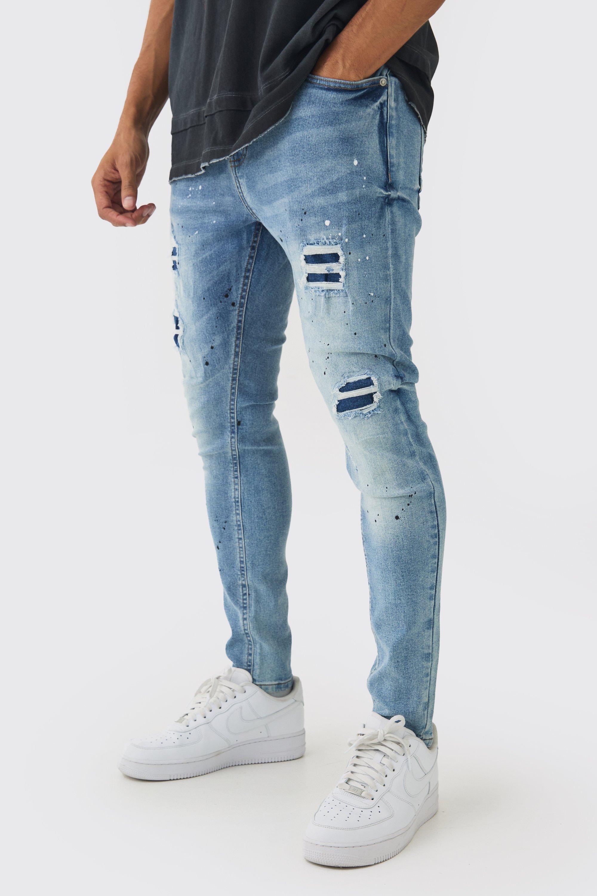 Mens Blue Skinny Fit Rip & Repair Paint Splatter Jeans, Blue